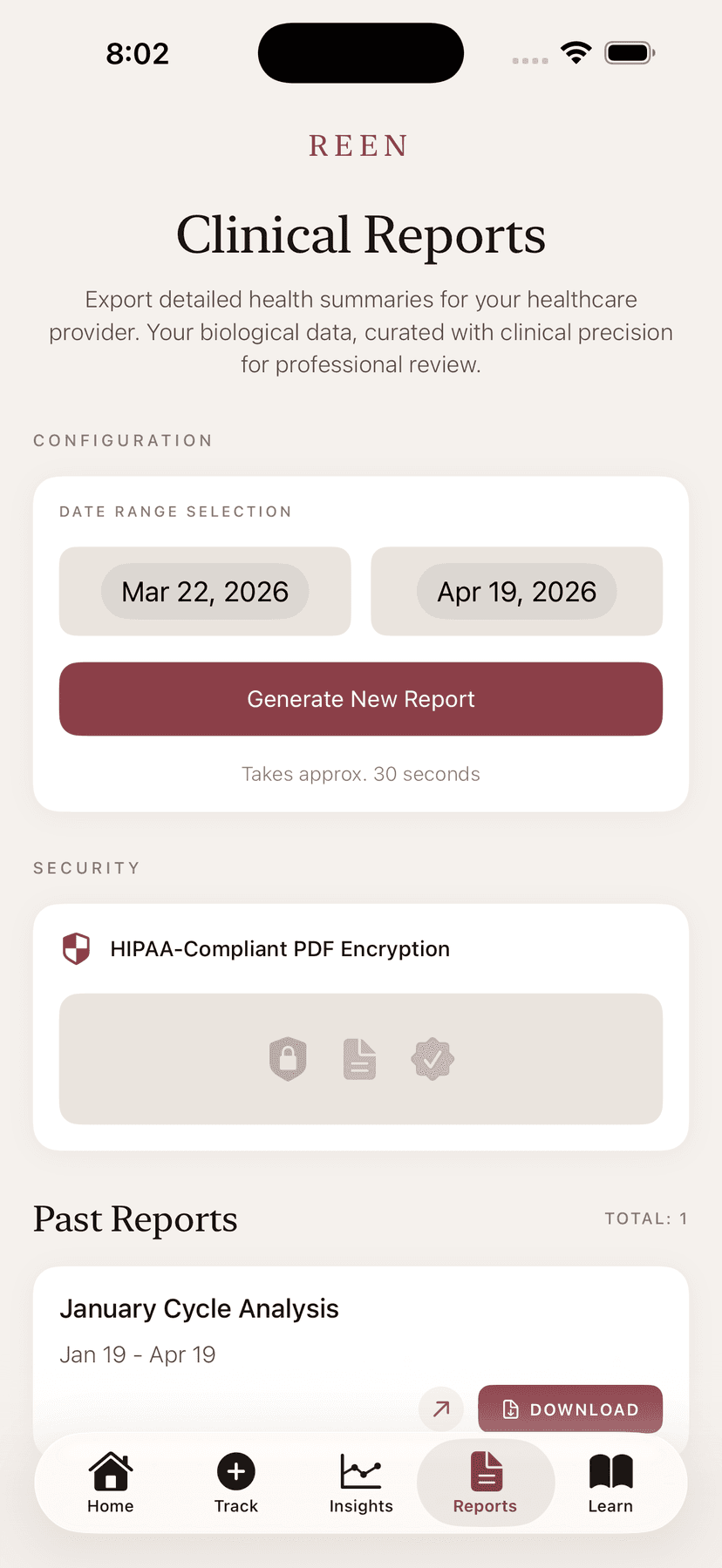 Reen app Reports screen